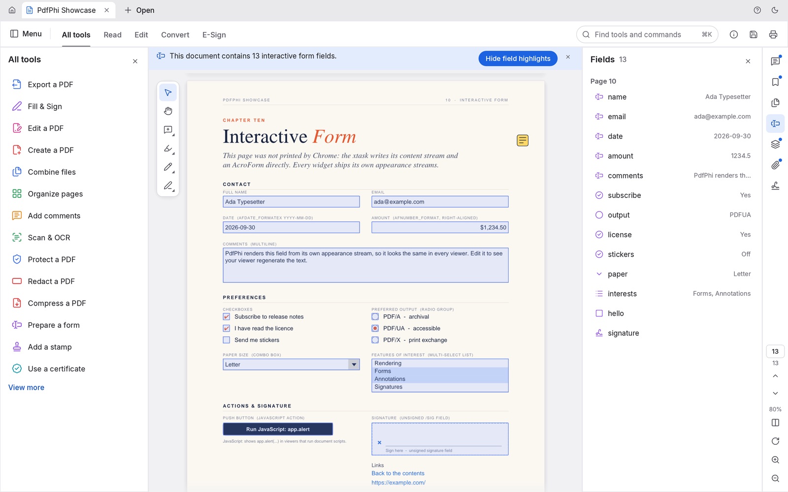 An interactive PDF form in PdfPhi with highlighted text fields, checkboxes, radio buttons and a signature field, and the Fields panel listing every value