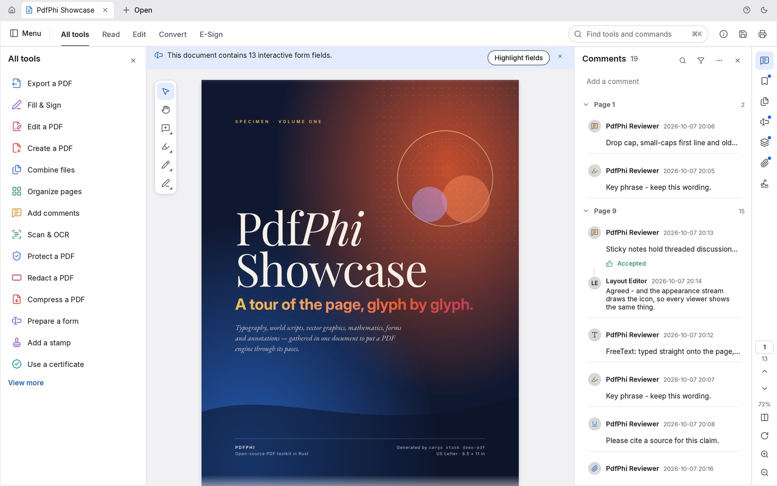PdfPhi showing a 13-page showcase PDF, with the All tools panel on the left and threaded comments on the right
